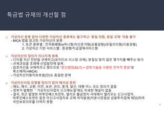 5
특금법 규제의 개선할 점
o 가상자산 분류 없어 다양한 가상자산 종류에도 불구하고 ‘동일 위험, 동일 규제’ 적용 불가
- MiCA 법을 참고한 가상자산의 분류
1. 토큰 종류별 : 전자화폐형/e머니형/자산준거형(상품권형)/유틸리티형(이용권형)
2. 가상자산 기반 서비스별 : 증권형/지급결제서비스형
o 가상자산의 정의가 지나치게 광폭
- 디지털 자산 전반을 규제하고(포지티브 리스팅 규제), 본질상 맞지 않은 몇가지를 빼주는 방식
- 규제과잉을 초래해 산업발전에 발목.
- 암호자산을 규제하려고 했으므로 “분산원장(DLT) + 암호기술을 사용한 전자적 증표”로
축소해야(=MiCA)
- 가상자산이용자보호법(안)도 동일한 문제
o 가상자산사업 유형별 정의가 없어 해석상 혼란
- 매도, 매수, 교환, 이전, 보관, 관리, 중개, 알선, 대행 어느 것도 정의가 없음
- 정부가 발행한 ＇가상자산사업자 신고매뉴얼’에도 자세한 해설이 없음
- 결국, 최근 발생한 하루인베스트먼트, 델리오 출금정지 사태에서 델리오는 신고사업자,
하루인베스트먼트 등은 미신고사업자로 규제 차익발생(자본시장법상 금융투자업에 해당)하여
국민보호의무를 다하지 못함
 