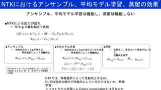 NTKにおけるアンサンブル、平均モデル学習、蒸留の効果
7
■NTKによる出力の近似
• NTK 𝝓 の線形結合で表現
■アンサンブル
• 線形結合をとる𝝓が増える
→ 特徴選択によって性能向上
※NTKのアンサンブルでの性能向上は、variance
の軽減によるものと思うが、本文中では特徴選択
と記載
アンサンブル、平均モデル学習は機能し、蒸留は機能しない
■平均モデル学習
• 線形結合をとる𝝓が増える+Wも学習
→ 特徴選択によって性能向上
■蒸留
• 蒸留先に、選択された特徴がないの
で、
性能向上せず
×
NTKでは、特徴選択によって性能向上するが、
DLでは別の仕組みで性能向上しているのではないか（特徴
学習）
 