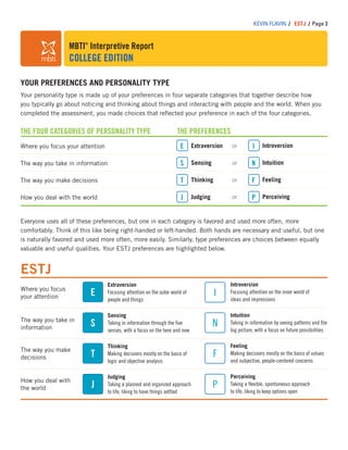 MBTI®
Interpretive Report
COLLEGE EDITION
KEVIN FLAVIN / ESTJ / Page 3
YOUR PREFERENCES AND PERSONALITY TYPE
Your personality type is made up of your preferences in four separate categories that together describe how
you typically go about noticing and thinking about things and interacting with people and the world. When you
completed the assessment, you made choices that reﬂected your preference in each of the four categories.
THE FOUR CATEGORIES OF PERSONALITY TYPE
Where you focus your attention
The way you take in information
The way you make decisions
How you deal with the world
THE PREFERENCES
Extraversion or
Sensing or
Thinking or
Judging or
Introversion
Intuition
Feeling
Perceiving
E I
S N
T F
J P
Everyone uses all of these preferences, but one in each category is favored and used more often, more
comfortably. Think of this like being right-handed or left-handed. Both hands are necessary and useful, but one
is naturally favored and used more often, more easily. Similarly, type preferences are choices between equally
valuable and useful qualities. Your ESTJ preferences are highlighted below.
Intuition
Taking in information by seeing patterns and the
big picture, with a focus on future possibilities
Perceiving
Taking a ﬂexible, spontaneous approach
to life, liking to keep options open
Extraversion
Focusing attention on the outer world of
people and things
Thinking
Making decisions mostly on the basis of
logic and objective analysis
Sensing
Taking in information through the ﬁve
senses, with a focus on the here and now
Judging
Taking a planned and organized approach
to life, liking to have things settled
Introversion
Focusing attention on the inner world of
ideas and impressions
Feeling
Making decisions mostly on the basis of values
and subjective, people-centered concerns
ESTJ
Where you focus
your attention
The way you take in
information
The way you make
decisions
How you deal with
the world
E I
S N
J P
T F
 