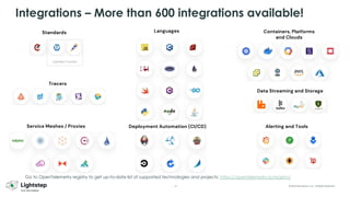 10 © 2023 ServiceNow, Inc. All Rights Reserved.
Lightstep Founded
Standards Languages
Tracers
Service Meshes / Proxies
Containers, Platforms
and Clouds
Deployment Automation (CI/CD) Alerting and Tools
Data Streaming and Storage
Integrations – More than 600 integrations available!
Go to OpenTelemetry registry to get up-to-date list of supported technologies and projects: https://opentelemetry.io/registry/
 