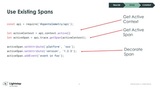 26 © 2023 ServiceNow, Inc. All Rights Reserved.
Use Existing Spans
const api = require('@opentelemetry/api');
let activeContext = api.context.active()
let activeSpan = api.trace.getSpan(activeContext);
activeSpan.setAttribute('platform', 'osx');
activeSpan.setAttribute('version', '1.2.3');
activeSpan.addEvent('event in foo');
Get Active
Context
Decorate
Span
TRACER SPAN CONTEXT
Get Active
Span
 