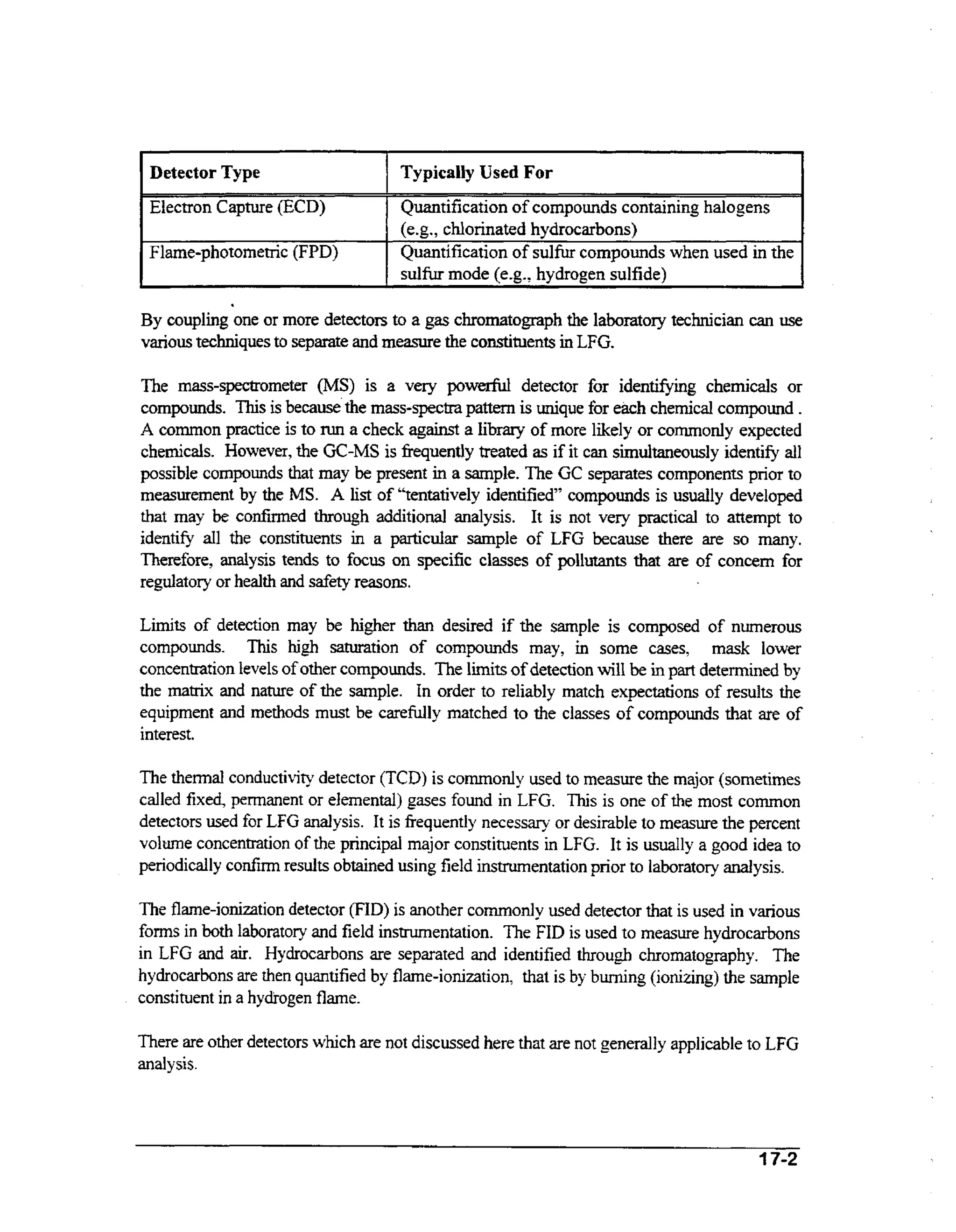 1

Detector Type
Electron Capture (ECD)
Flame-photometrk (FPD)

1

Typically Used For
Quantification of compounds containing halogens
(e.g., chlorinated hydrocarbons)
Quantification of sulfur compounds when used in the
sulfur mode fe.g., hydrogen sulfide)

By coupling one or more detectors to a gas chromatograph the laboratory technician can use
various techniques to separate and measure the constituents in LFG.

The mass-spectrometer (MS) is a very p o w d detector for identifying chemicals or
compounds. This is because the mass-spectra pattern is unique for each chemical compound .
A common practice is to run a check against a library of more likely or commonly expected
chemicals. However, the GC-MS is frequently treated as if it can simultaneously identify all
possible compounds that may be present in a sample. The GC separates components prior to
measurement by the MS. A list of “tentatively identified” compounds is usually developed
that may be confinned through additional analysis. It is not very practical to attempt to
identify all the constituents in a particular sample of LFG because there are so many.
Therefore, analysis tends to focus on specific classes of pollutants that are of concern for
regulatory or health and safety reasons.
Limits of detection may be higher than desired if the sample is composed of numerous
compounds. This high saturation of compounds may, in some cases, mask lower
concentration levels of other compounds. The limits of detection will be in part determined by
the matrix and nature of the sample. In order to reliably match expectations of results the
equipment and methods must be carellly matched to the classes of compounds that are of
interest.

The thermal conductivity detector (TCD) is commonly used to measure the major (sometimes
called fixed, permanent or elemental) gases found in LFG. This is one of the most common
detectors used for LFG analysis. It is frequently necessary or desirable to measure the percent
volume concentmtion of the principal major constituents in LFG. It is usually a good idea to
periodically confirm results obtained using field instrumentation prior to laboratory analysis.
The flame-ionization detector (FID) is another commonly used detector that is used in various
forms in both laboratory and field instrumentation. The F D is used to measure hydrocarbons
I
in LFG and air. Hydrocarbons are separated and identified through chromatography. The
hydrocarbons are then quantified by flame-ionization, that is by burning (ionizing) the sample
constituent in a hydrogen flame.
There are other detectors which are not discussed here that are not generally applicable to LFG
analysis.

17-2

 