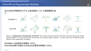 2023/07/07
15
Point-NN as Plug-and-play Modules
3. Parametric models derived from Point-NN
Point-NNは学習済みモデルと着目箇所について補完関係があ
る。
PointNet++は全体的な特徴をつかむ。
Point-NNは椅子の脚などのSharpな箇所の特徴をつかむ。
 