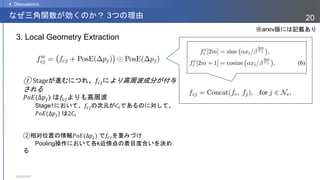 2023/07/07
20
なぜ三角関数が効くのか？ 3つの理由
4. Discussions
3. Local Geometry Extraction
① Stageが進むにつれ、𝑓𝑐𝑗により高周波成分が付与
される
𝑃𝑜𝐸(Δ𝑝𝑗) は𝑓𝑐𝑗よりも高周波
Stage1において、𝑓𝑐𝑗の次元が𝐶𝐼であるのに対して、
𝑃𝑜𝐸(Δ𝑝𝑗) は2𝐶𝐼
②相対位置の情報𝑃𝑜𝐸(Δ𝑝𝑗) で𝑓𝑐𝑗を重みづけ
Pooling操作において各k近傍点の着目度合いを決め
る
※arxiv版には記載あり
 