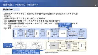2023/07/07
4
背景知識：PointNet, PointNet++
1.Intro
PointNet
点群はスパースであり、画像のような畳み込みを適用するのは計算コストが見合
わない。
点群の特性に合ったネットワークにするべき！
① 点群の順不同性（データを入れ替えても同じ物体を指す）
② 近傍点群の関係性（セグメンテーションのケース：近傍の点群は同じクラス
であるはず）
③ 変形不変性（回転並進しても同じ意味）
③アフィ
ン変換
①対称な操作
後にmaxpool
②local + global 特徴量
※localは近傍だと類似の特徴量
 