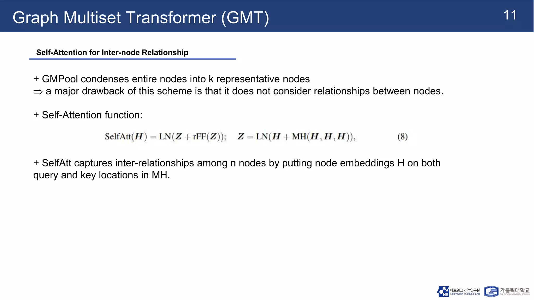 11
Graph Multiset Transformer (GMT)
+ GMPool condenses entire nodes into k representative nodes
 a major drawback of this scheme is that it does not consider relationships between nodes.
+ Self-Attention function:
+ SelfAtt captures inter-relationships among n nodes by putting node embeddings H on both
query and key locations in MH.
Self-Attention for Inter-node Relationship
 