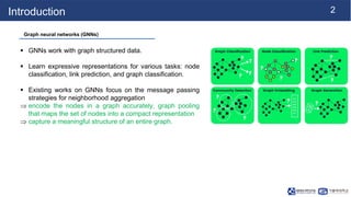 2
Introduction
 GNNs work with graph structured data.
 Learn expressive representations for various tasks: node
classifi...