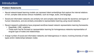 2
Introduction
Problem Statements
• Neural network-based learning models can represent latent embeddings that capture the ...