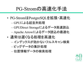PG-Stromの高速化手法
• PG-StromはPostgreSQLを拡張・高速化
– GPUによる超並列処理
– GPUDirect Storageによるデータ高速読込
– Apache Arrowによるデータ読込の最適化
• 通常は遅くなる処理を高速化
– インデックスが効かないフルスキャン検索
– ビッグデータの集計処理
– 位置情報データの検索処理
 