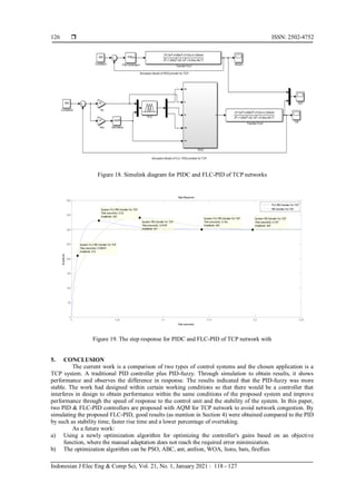  ISSN: 2502-4752
Indonesian J Elec Eng & Comp Sci, Vol. 21, No. 1, January 2021 : 118 - 127
126
Figure 18. Simulink diagram for PIDC and FLC-PID of TCP networks
Figure 19. The step response for PIDC and FLC-PID of TCP network with
5. CONCLUSION
The current work is a comparison of two types of control systems and the chosen application is a
TCP system. A traditional PID controller plus PID-fuzzy. Through simulation to obtain results, it shows
performance and observes the difference in response. The results indicated that the PID-fuzzy was more
stable. The work had designed within certain working conditions so that there would be a controller that
interferes in design to obtain performance within the same conditions of the proposed system and improve
performance through the speed of response to the control unit and the stability of the system. In this paper,
two PID & FLC-PID controllers are proposed with AQM for TCP network to avoid network congestion. By
simulating the proposed FLC-PID, good results (as mention in Section 4) were obtained compared to the PID
by such as stability time, faster rise time and a lower percentage of overtaking.
As a future work:
a) Using a newly optimization algorithm for optimizing the controller's gains based on an objective
function, where the manual adaptation does not reach the required error minimization.
b) The optimization algorithm can be PSO, ABC, ant, antlion, WOA, lions, bats, fireflies
Step Response
Time (seconds)
Amplitude
0 0.05 0.1 0.15 0.2 0.25
0
50
100
150
200
250
300
350
400
System: FLC-PID Cotroller For TCP
Time (seconds): 0.03
Amplitude: 330
System: PID Cotroller For TCP
Time (seconds): 0.0745
Amplitude: 341
System: FLC-PID Cotroller For TCP
Time (seconds): 0.142
Amplitude: 300
System: PID Cotroller For TCP
Time (seconds): 0.197
Amplitude: 300
System: FLC-PID Cotroller For TCP
Time (seconds): 0.00672
Amplitude: 210
FLC-PID Cotroller For TCP
PID Cotroller For TCP
 