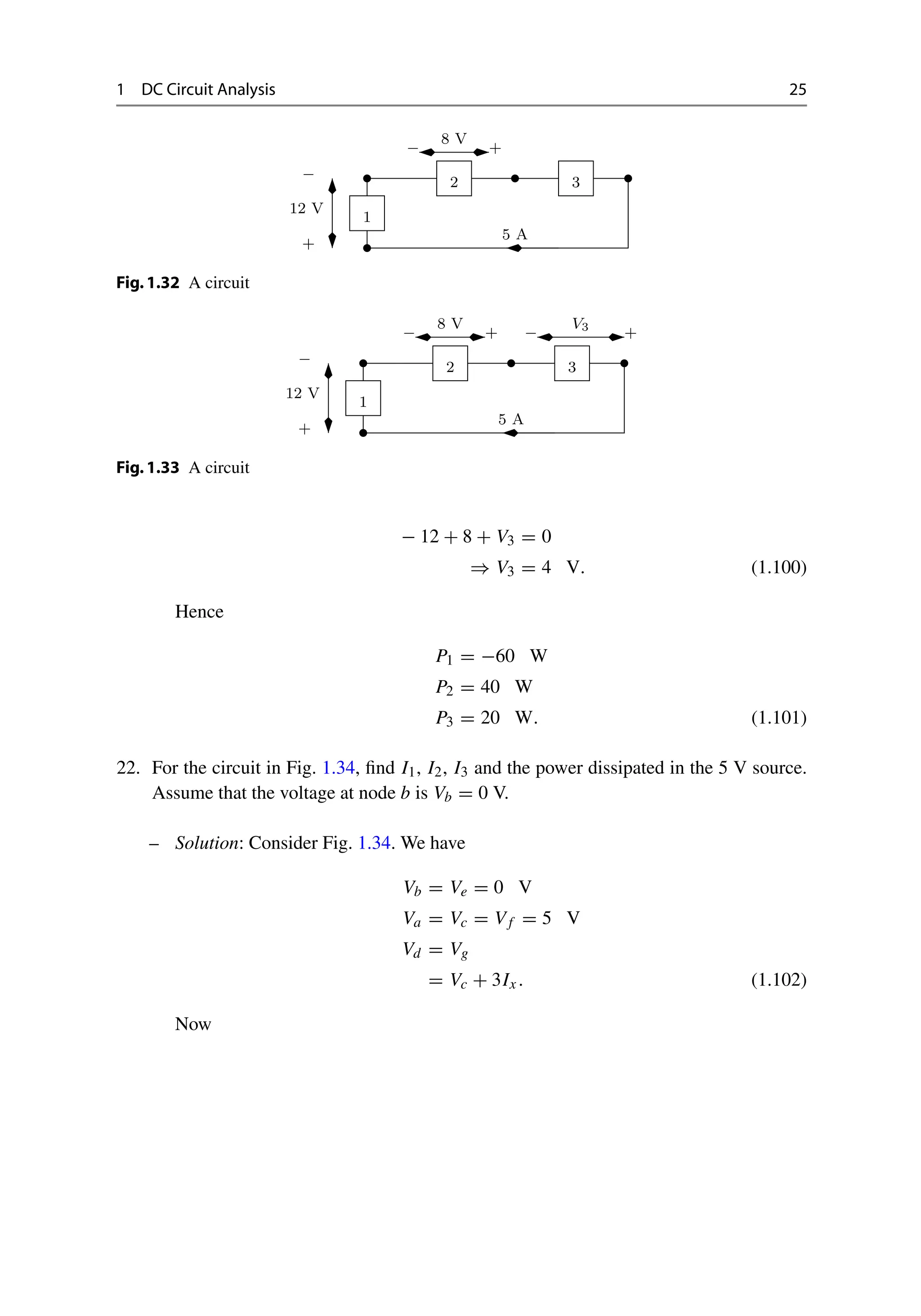 1 DC Circuit Analysis 25
−
+
12 V
− +
5 A
1
2 3
8 V
Fig.1.32 A circuit
−
+
12 V
− +
5 A
1
2 3
+
−
V3
8 V
Fig.1.33 A circuit
− 12 + 8 + V3 = 0
⇒ V3 = 4 V. (1.100)
Hence
P1 = −60 W
P2 = 40 W
P3 = 20 W. (1.101)
22. For the circuit in Fig. 1.34, find I1, I2, I3 and the power dissipated in the 5 V source.
Assume that the voltage at node b is Vb = 0 V.
– Solution: Consider Fig. 1.34. We have
Vb = Ve = 0 V
Va = Vc = Vf = 5 V
Vd = Vg
= Vc + 3Ix . (1.102)
Now
 
