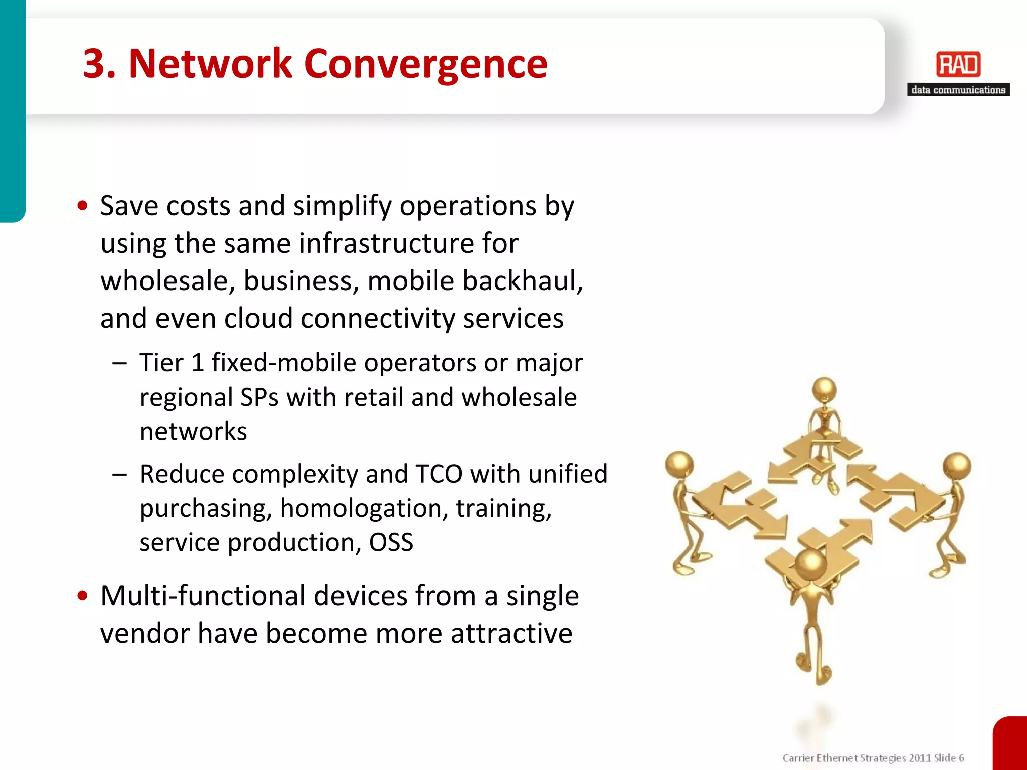 3. Network Convergence


• Save costs and simplify operations by
  using the same infrastructure for
  wholesale, business, mobile backhaul,
  and even cloud connectivity services
   – Tier 1 fixed-mobile operators or major
     regional SPs with retail and wholesale
     networks
   – Reduce complexity and TCO with unified
     purchasing, homologation, training,
     service production, OSS
• Multi-functional devices from a single
  vendor have become more attractive


                                              Carrier Ethernet Strategies 2011 Slide 6
 