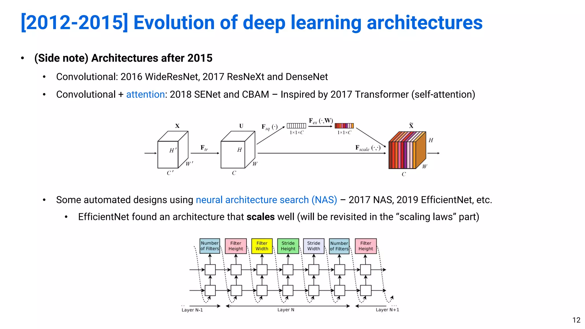 • (Side note) Architectures after 2015
• Convolutional: 2016 WideResNet, 2017 ResNeXt and DenseNet
• Convolutional + attention: 2018 SENet and CBAM – Inspired by 2017 Transformer (self-attention)
• Some automated designs using neural architecture search (NAS) – 2017 NAS, 2019 EfficientNet, etc.
• EfficientNet found an architecture that scales well (will be revisited in the “scaling laws” part)
[2012-2015] Evolution of deep learning architectures
12
 