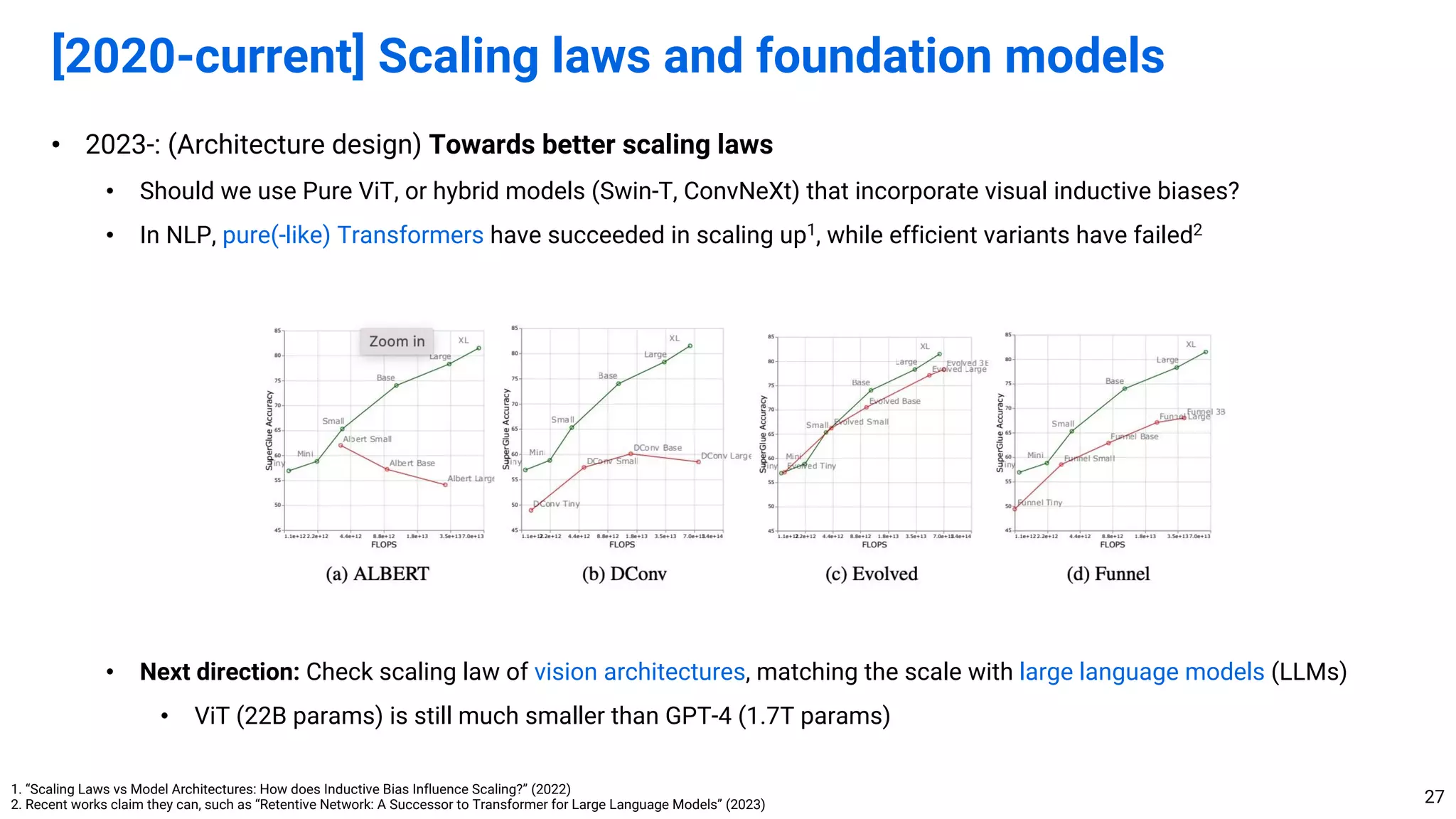 • 2023-: (Architecture design) Towards better scaling laws
• Should we use Pure ViT, or hybrid models (Swin-T, ConvNeXt) that incorporate visual inductive biases?
• In NLP, pure(-like) Transformers have succeeded in scaling up1, while efficient variants have failed2
• Next direction: Check scaling law of vision architectures, matching the scale with large language models (LLMs)
• ViT (22B params) is still much smaller than GPT-4 (1.7T params)
[2020-current] Scaling laws and foundation models
27
1. “Scaling Laws vs Model Architectures: How does Inductive Bias Influence Scaling?” (2022)
2. Recent works claim they can, such as “Retentive Network: A Successor to Transformer for Large Language Models” (2023)
 