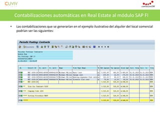 CUVIV
• Las contabilizaciones que se generarían en el ejemplo ilustrativo del alquiler del local comercial
podrían ser las siguientes:
Contabilizaciones automáticas en Real Estate al módulo SAP FI
 