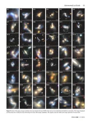 Astronomaly at Scale 11
Figure 9. Some of the galaxy merger candidates that were found in the top 10 000 of the main set were identified and labelled as anomalies. The images displayed
are those that were visually the most interesting out of the 1609 merger candidates. The angular scale bar within each image represents 10 arcseconds.
MNRAS 000, 1–15 (2023)
 