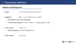 2
1. Theoretical definition
Notation and Background
• Graph 𝐺 = 𝑉, 𝐸 (𝐸 ⊆ 𝑢, 𝑣 ⊆ 𝑉 𝑢 ≠ 𝑣})
• Neighbors 𝑁(𝑣) = {𝑢 ∈ 𝑉(𝐺) | ...