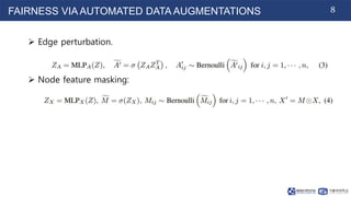8
FAIRNESS VIA AUTOMATED DATA AUGMENTATIONS
 Edge perturbation.
 Node feature masking:
 