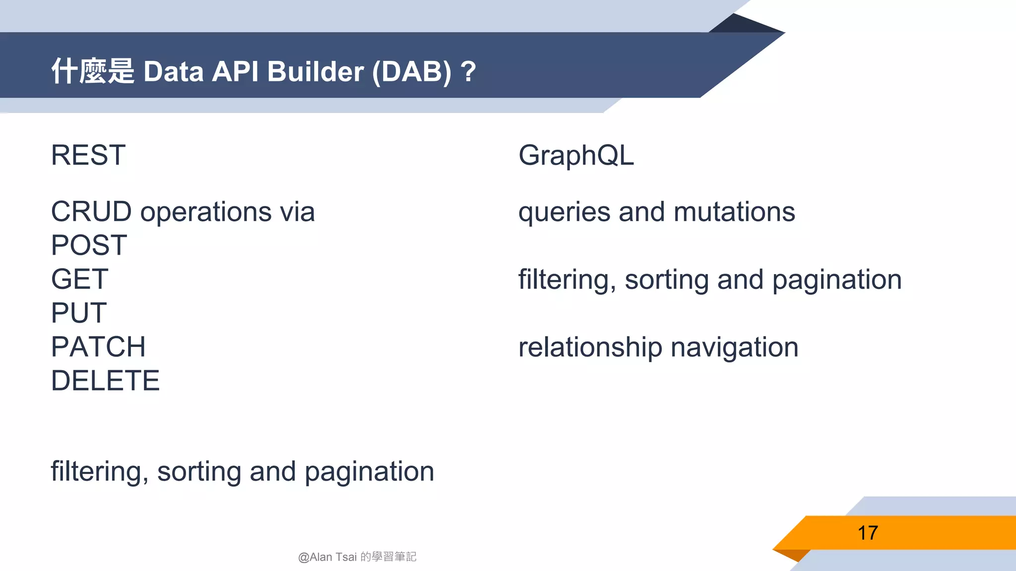 什麼是 Data API Builder (DAB) ? 17 @Alan Tsai 的學習筆記 REST CRUD operations via POST GET PUT PATCH DELETE filtering, sorting and pagination GraphQL queries and mutations filtering, sorting and pagination relationship navigation 