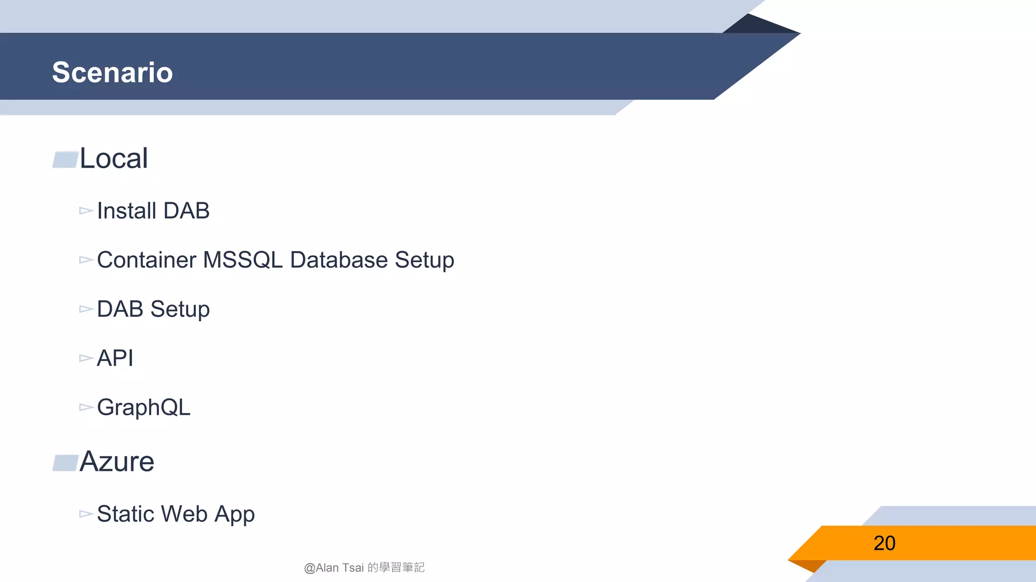 Scenario 20 @Alan Tsai 的學習筆記 ▰Local ▻Install DAB ▻Container MSSQL Database Setup ▻DAB Setup ▻API ▻GraphQL ▰Azure ▻Static Web App 