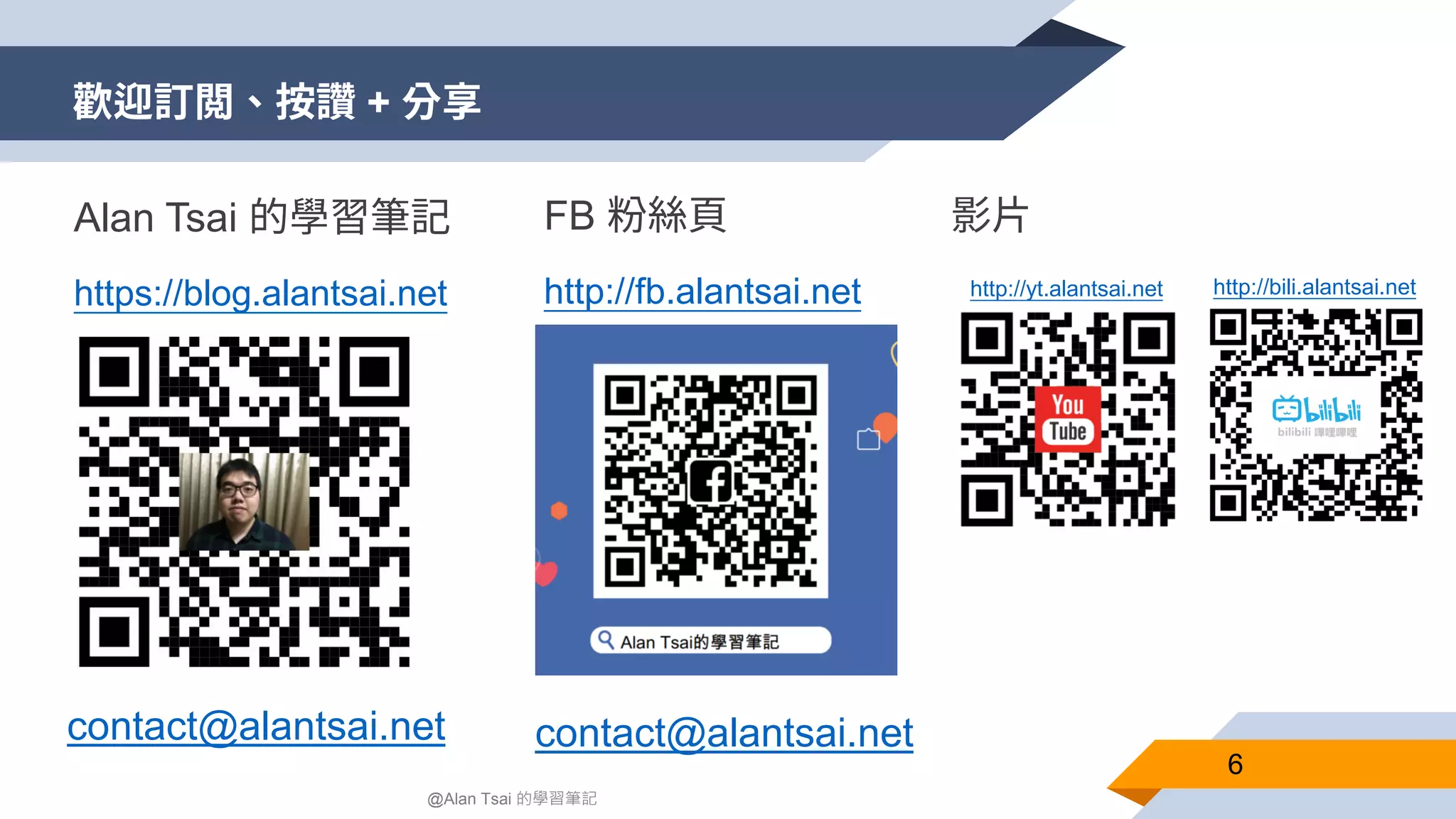 歡迎訂閲、按讚 + 分享 FB 粉絲頁 http://fb.alantsai.net Alan Tsai 的學習筆記 https://blog.alantsai.net http://yt.alantsai.net http://bili.alantsai.net 影片 contact@alantsai.net @Alan Tsai 的學習筆記 6 contact@alantsai.net 