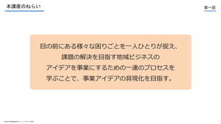 本講座のねらい 第一回
©高知大学地域協働学部コミュニティデザイン研究室 5
目の前にある様々な困りごとを一人ひとりが捉え、
課題の解決を目指す地域ビジネスの
アイデアを事業にするための一連のプロセスを
学ぶことで、事業アイデアの具現化を目指す。
 