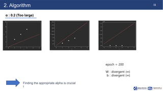 11
2. Algorithm
α : 0.2 (Too large)
epoch = 200
W : divergent (∞)
b : divergent (∞)
Finding the appropriate alpha is crucial
!
 
