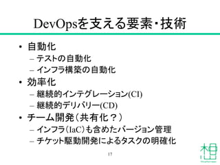 DevOpsを支える要素・技術
• 自動化
– テストの自動化
– インフラ構築の自動化
• 効率化
– 継続的インテグレーション(CI)
– 継続的デリバリー(CD)
• チーム開発（共有化？）
– インフラ（IaC）も含めたバージョン管理
– チケット駆動開発によるタスクの明確化
17
 