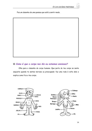 O Livro do Gato Habilidoso
14
Faz um desenho de uma pessoa que está a sentir medo.
 Como é que o corpo nos diz eu estamos ansiosos?
Olha para o desenho do corpo humano. Que parte do teu corpo se sente
esquisita quando te sentes nervoso ou preocupado: faz uma roda à volta dela e
explica como fica o teu corpo.
 