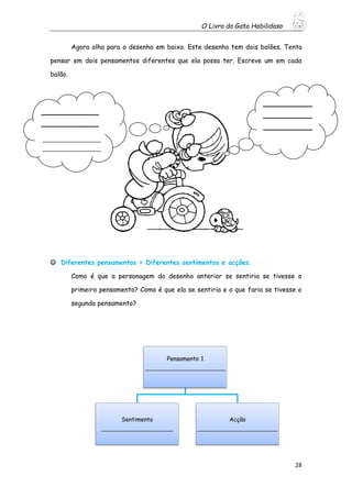 O Livro do Gato Habilidoso
28
Agora olha para o desenho em baixo. Este desenho tem dois balões. Tenta
pensar em dois pensamentos diferentes que ela possa ter. Escreve um em cada
balão.
 Diferentes pensamentos = Diferentes sentimentos e acções.
Como é que a personagem do desenho anterior se sentiria se tivesse o
primeiro pensamento? Como é que ela se sentiria e o que faria se tivesse o
segundo pensamento?
____________
____________
____________
________________
________________
________________
________________
________________
________________
________________
________________
________________
______
______________
______________
__________________
__________________
__________________
__________________
__________________
__________________
__________________
__________________
______
Pensamento 1
___________________________
Sentimento
________________________
Acção
___________________________
 
