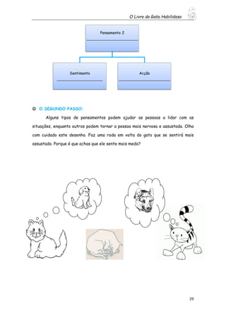 O Livro do Gato Habilidoso
29
 O SEGUNDO PASSO:
Alguns tipos de pensamentos podem ajudar as pessoas a lidar com as
situações, enquanto outros podem tornar a pessoa mais nervosa e assustada. Olha
com cuidado este desenho. Faz uma roda em volta do gato que se sentirá mais
assustado. Porque é que achas que ele sente mais medo?
Pensamento 2
___________________________
Sentimento
________________________
Acção
___________________________
 