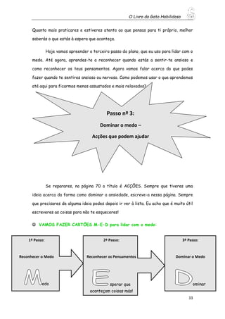 O Livro do Gato Habilidoso
33
Quanto mais praticares e estiveres atento ao que pensas para ti próprio, melhor
saberás o que estás à espera que aconteça.
Hoje vamos apreender o terceiro passo do plano, que eu uso para lidar com o
medo. Até agora, aprendes-te a reconhecer quando estás a sentir-te ansioso e
como reconhecer os teus pensamentos. Agora vamos falar acerca do que podes
fazer quando te sentires ansioso ou nervoso. Como podemos usar o que aprendemos
até aqui para ficarmos menos assustados e mais relaxados?
Se reparares, na página 70 o título é ACÇÕES. Sempre que tiveres uma
ideia acerca da forma como dominar a ansiedade, escreve-a nessa página. Sempre
que precisares de alguma ideia podes depois ir ver à lista. Eu acho que é muito útil
escreveres as coisas para não te esqueceres!
 VAMOS FAZER CARTÕES M-E-D para lidar com o medo:
Passo nº 3:
Dominar o medo –
Acções que podem ajudar
1º Passo:
Reconhecer o Medo
edo
2º Passo:
Reconhecer os Pensamentos
sperar que
aconteçam coisas más!
3º Passo:
Dominar o Medo
ominar
 