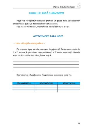 O Livro do Gato Habilidoso
53
Sessão 12: ESTÁ A MELHORAR
Hoje vais ter oportunidade para praticar um pouco mais. Vais escolher
uma situação que seja moderadamente ameaçadora.
Não vai ser muito fácil, mas também não vai ser muito difícil.
ACTIVIDADES PARA HOJE
- Uma situação ameaçadora -
Em primeiro lugar escolhe uma cena da página 65. Pensa numa escala de
1 a 7, em que 1 quer dizer “sem problemas” e 7 “muito assustado”. Usando
essa escala escolhe uma situação que seja 4.
_____________________________________________________________
_____________________________________________________________
_____________________________________________________________
_____________________________________________________________
_____________________________________________________________
Representa a situação com o teu psicólogo e descreve como foi.
PENSAMENTOS SENTIMENTOS RESULTADOS
 