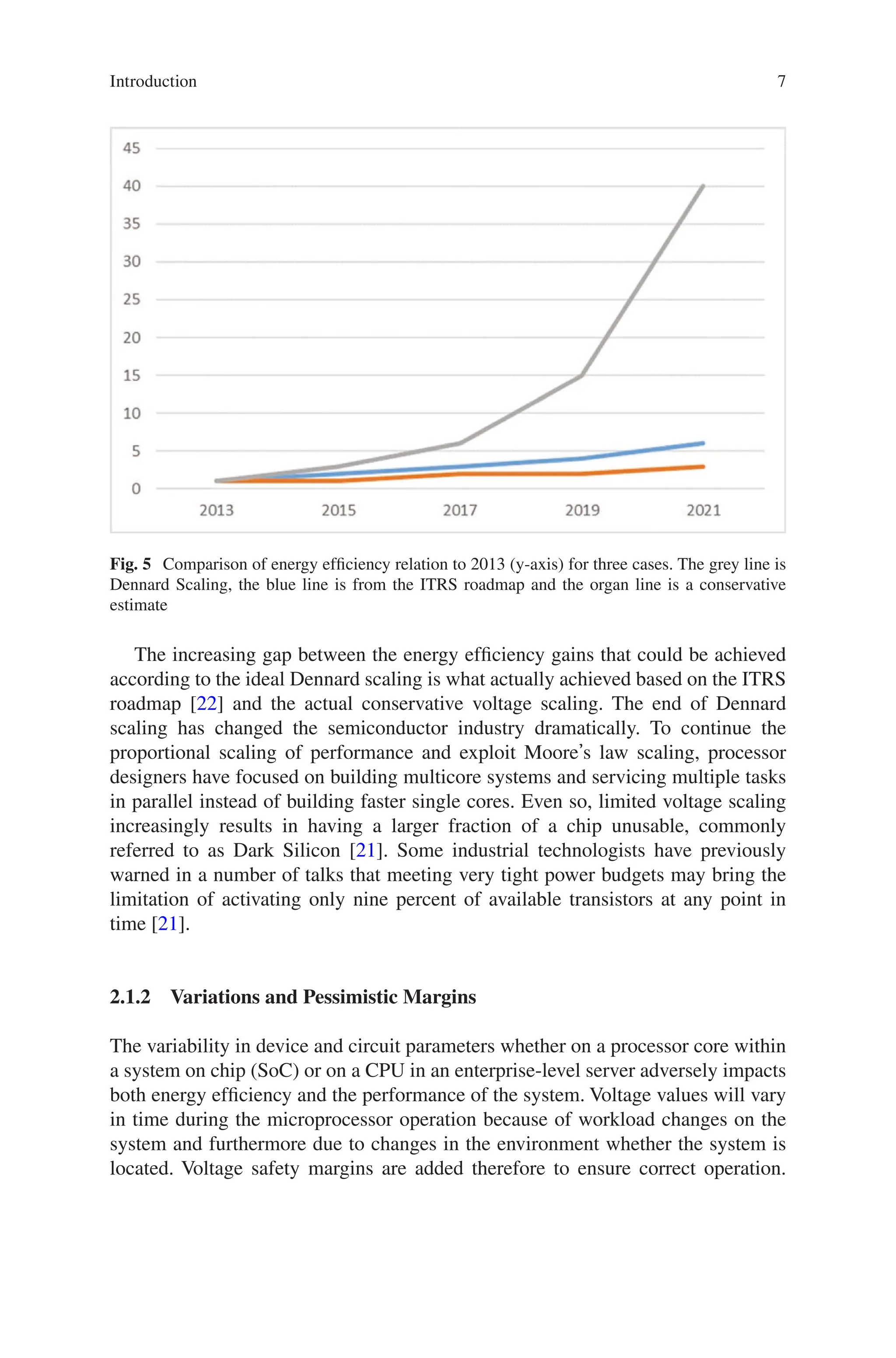 7
Fig. 5 Comparison of energy efficiency relation to 2013 (y-axis) for three cases. The grey line is
Dennard Scaling, the blue line is from the ITRS roadmap and the organ line is a conservative
estimate
The increasing gap between the energy efficiency gains that could be achieved
according to the ideal Dennard scaling is what actually achieved based on the ITRS
roadmap [22] and the actual conservative voltage scaling. The end of Dennard
scaling has changed the semiconductor industry dramatically. To continue the
proportional scaling of performance and exploit Mooreʼs law scaling, processor
designers have focused on building multicore systems and servicing multiple tasks
in parallel instead of building faster single cores. Even so, limited voltage scaling
increasingly results in having a larger fraction of a chip unusable, commonly
referred to as Dark Silicon [21]. Some industrial technologists have previously
warned in a number of talks that meeting very tight power budgets may bring the
limitation of activating only nine percent of available transistors at any point in
time [21].
2.1.2 
Variations and Pessimistic Margins
The variability in device and circuit parameters whether on a processor core within
a system on chip (SoC) or on a CPU in an enterprise-level server adversely impacts
both energy efficiency and the performance of the system. Voltage values will vary
in time during the microprocessor operation because of workload changes on the
system and furthermore due to changes in the environment whether the system is
located. Voltage safety margins are added therefore to ensure correct operation.
Introduction
 