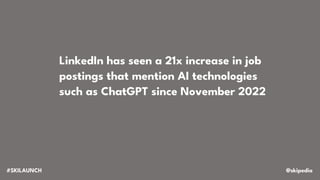 @skipedia
#SKILAUNCH
LinkedIn has seen a 21x increase in job
postings that mention AI technologies
such as ChatGPT since November 2022
 