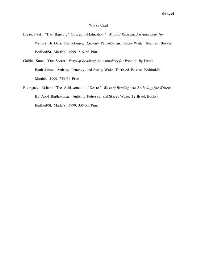 Topic For English Essay Gettys Works Cited Freire Paulo The Banking Concept Of Education National Honor Society High School Essay also Animal Testing Essay Thesis Capstone Essays Topics For High School Students