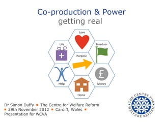 Co-production & Power
                    getting real




Dr Simon Duffy ￭ The Centre for Welfare Reform
￭ 29th November 2012 ￭ Cardiff, Wales ￭
Presentation for WCVA
 