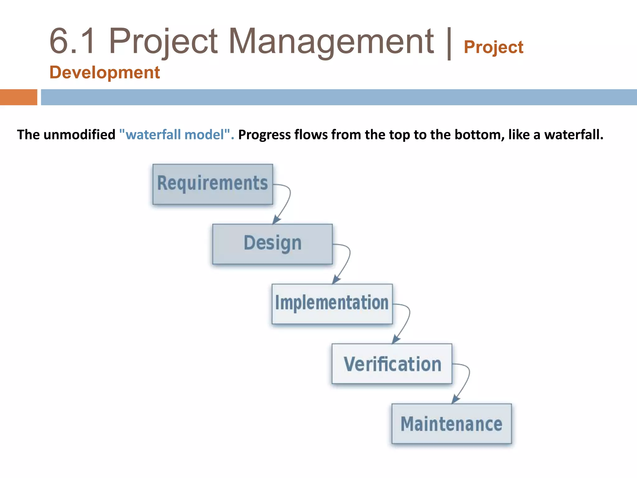 6.1 Project Management |Project DevelopmentThe unmodified "waterfall model". Progress flows from the top to the bottom, like a waterfall.
