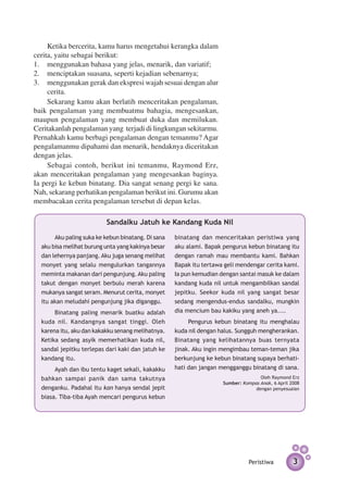 Ketika bercerita, kamu harus mengetahui kerangka dalam
cerita, yaitu sebagai berikut:
1.	 menggunakan bahasa yang jelas, menarik, dan variatif;
2.	 menciptakan suasana, seperti kejadian sebenarnya;
3.	 menggunakan gerak dan ekspresi wajah sesuai dengan alur
     cerita.
     Sekarang kamu akan berlatih menceritakan pengalaman,
baik pengalaman yang membuatmu bahagia, mengesankan,
maupun pengalaman yang membuat duka dan memilukan.
Ceritakanlah pengalaman yang terjadi di lingkungan sekitarmu.
Pernahkah kamu berbagi pengalaman dengan temanmu? Agar
pengalamanmu dipahami dan menarik, hendaknya diceritakan
dengan jelas.
     Sebagai contoh, berikut ini temanmu, Raymond Erz,
akan menceritakan pengalaman yang mengesankan baginya.
Ia pergi ke kebun binatang. Dia sangat senang pergi ke sana.
Nah, sekarang perhatikan pengalaman berikut ini. Gurumu akan
membacakan cerita pengalaman tersebut di depan kelas.

                          Sandalku Jatuh ke Kandang Kuda Nil
       Aku paling suka ke kebun binatang. Di sana   binatang dan menceritakan peristiwa yang
  aku bisa melihat burung unta yang kakinya besar   aku alami. Bapak pengurus kebun binatang itu
  dan lehernya panjang. Aku juga senang melihat     dengan ramah mau membantu kami. Bahkan
  monyet yang selalu mengulurkan tangannya          Bapak itu tertawa geli mendengar cerita kami.
  meminta makanan dari pengunjung. Aku paling       Ia pun kemudian dengan santai masuk ke dalam
  takut dengan monyet berbulu merah karena          kandang kuda nil untuk mengambilkan sandal
  mukanya sangat seram. Menurut cerita, monyet      jepitku. Seekor kuda nil yang sangat besar
  itu akan meludahi pengunjung jika diganggu.       sedang mengendus-endus sandalku, mungkin
       Binatang paling menarik buatku adalah        dia mencium bau kakiku yang aneh ya....
  kuda nil. Kandangnya sangat tinggi. Oleh               Pengurus kebun binatang itu meng­ alau
                                                                                           h
  karena itu, aku dan kakakku senang melihatnya.    kuda nil dengan halus. Sungguh mengherankan.
  Ketika sedang asyik memerhatikan kuda nil,        Binatang yang kelihatannya buas ternyata
  sandal jepitku terlepas dari kaki dan jatuh ke    jinak. Aku ingin mengimbau teman-teman jika
  kandang itu.                                      berkunjung ke kebun binatang supaya berhati-
       Ayah dan ibu tentu kaget sekali, kakakku     hati dan jangan mengganggu binatang di sana.
  bahkan sampai panik dan sama takutnya                                             Oleh Raymond Erz
                                                                     Sumber:­Kompas Anak, 6 April 2008
  denganku. Padahal itu kan hanya sendal jepit                                    dengan penyesuaian
  biasa. Tiba-tiba Ayah mencari pengurus kebun




                                                                                Peristiwa          3
 