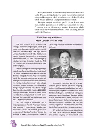 Pada pelajaran ini, kamu akan belajar menceritakan tokoh
                              idola. Dengan mempelajarinya, kamu mengetahui manfaat
                              mengenali keunggulan tokoh, serta dapat menceritakan identitas
                              tokoh dengan pedoman kelengkapan identitas tokoh.
                                   Dengan banyak membaca profil tokoh, kamu akan
                              menemukan persamaan di antara pengalaman mereka.
                              Persamaan tersebut di antaranya ternyata kesuksesan tokoh-
                              tokoh selalu melewati usaha dan kerja keras. Sekarang, bacalah
                              profil tokoh berikut.

                                 Susilo Bambang Yudhoyono
                                Kadet Lembah Tidar ke Istana
     Dia anak tunggal prajurit profe­ ional
                                        s         Darat yang bertugas di Koramil di kecamatan
sekaligus pemimpin yang disegani. Tanda garis     berbeda.
hidup cemerlangnya mulai terdata semenjak
kelas lima Sekolah Rakyat. Dia ingin menuju
Lembah Tidar. Dari Lembah Tidar dia lalu mem­
bangun kapasitas dan integritas sebagai calon
pemimpin nasional. Dia tidak sampai mengecap
jabatan tertinggi Angkatan Darat dan TNI.
Dia pensiun dini lima tahun lebih cepat saat
berbintang tiga.
      Dia terus mengasah diri menjadi pemimpin
masa depan. Menangani koordinasi ­ idang poli-
                                   b
tik, sosial, dan keamanan di Kabinet Gus Dur,
demikian pula pada Kabinet Megawati stabilitas
politik dan keamanan dalam negeri tertata rapi.
                                                                         Sumber: Orbit, No 11 tahun VI
Berbagai catatan emas keberhasilan membuat-
nya mantap melangkah mencari jalan sebagai             Bersuka cita melihat kelahiran anak,
pemimpin nasional tertinggi. Partai Demokrat      Soekotjo spontan menarik pistol dari pinggang,
mengusungnya bersama Jusuf Kalla sebagai          lantas meletakkannya di atas dahi sang bayi putra
Calon Presiden dan Wakil Presiden 2004–2009.      semata wayang yang kemudian diberi nama Susilo
Pasangan ini terbukti terkuat di antara empat     Bambang Yudhoyono. Susilo berarti orang yang
kandidat lain. Rakyat telah memilih Susilo        santun dan penuh kesusilaan. Bambang adalah
Bambang Yudhoyono (SBY) dan Muhammad Jusuf        ksatria. Yudho bermakna perang, dan Yono sama
Kalla (JK) sebagai pemimpin.                      dengan kemenangan. Jadilah nama lengkap Susilo
     SBY lahir tanggal 9 September 1949 di        Bambang Yudhoyono, disingkat SBY, diartikan
lingkungan sebuah Pondok Pesantren Tremas,        seorang yang santun, penuh kesusilaan, kesatria,
yang jaraknya 15 kilometer dari Kota Pacitan,     dan berhasil memenangkan setiap peperangan.
Jawa Timur. Ibunya Siti Habibah, putri salah           SBY tumbuh dan berkembang sebagai anak
seorang pendiri Pondok Pesantren Tremas, dan      desa yang cerdas dan pandai bergaul. Sebagai
ayahnya, R. Soekotjo seorang bintara Angkatan     anak semata wayang, SBY mem­ eroleh kasih
                                                                                p




116        Bahasa Indonesia Memperkaya Wawasanku untuk Kelas VII
 