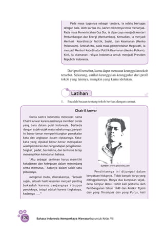 Pada masa tugasnya sebagai tentara, ia selalu bertugas
                              dengan baik. Oleh karena itu, karier militernya terus menanjak.
                              Pada masa Pemerintahan Gus Dur, ia dipercaya menjadi Menteri
                              Pertambangan dan Energi (Mentamban). Kemudian, ia menjadi
                              Menteri Koordinator Politik, Sosial, dan Keamanan (Menko
                              Polsoskam). Setelah itu, pada masa pemerintahan Megawati, ia
                              menjadi Menteri Koordinator Politik Keamanan (Menko Polkam).
                              Kini, ia diamanati rakyat Indonesia untuk menjadi Presiden
                              Republik Indonesia.



                                 Dari profil tersebut, kamu dapat mencatat keunggulan tokoh
                            tersebut. Sekarang, carilah keunggulan-keunggulan dari profil
                            tokoh yang lainnya, mungkin yang kamu idolakan.



                                   Latihan
                            1.	 Bacalah bacaan tentang tokoh berikut dengan cermat.

                                      Chairil Anwar
     Dunia sastra Indonesia mencatat nama
Chairil Anwar karena usahanya memberi corak
yang baru dalam puisi Indonesia. Berbeda
dengan sajak-sajak masa sebelumnya, penyair
ini benar-benar memperhitungkan pemakaian
kata dan ungkapan dalam ciptaannya. Kata-
kata yang dipakai benar-benar merupakan
wakil pemikiran dan pengendapan pengalaman.
Singkat, padat, bermakna, dan tentunya tetap
menampilkan keindahan bahasa.
     "Aku sebagai seniman harus memiliki
ketajaman dan ketegasan dalam me­ imbang
                                n
                                                          Sumber: www.geocities.com
serta memutus," katanya dalam salah satu
pidatonya.                                           Pendiriannya ini dijumpai dalam
     Mengenai mutu, dikatakannya, "Sebuah      kenyataan hidupnya. Tidak banyak karya yang
sajak, sebuah hasil kesenian menjadi penting   ditinggalkannya. Hanya dua kumpulan sajak,
bukanlah karena panjangnya ataupun             Deru Campur Debu, terbit kali pertama oleh
pendeknya, tetapi adalah karena tingkatnya,    Pembangunan tahun 1949 dan Kerikil Tajam
kadarnya ....’’                                dan yang Terampas dan yang Putus, kali




120       Bahasa Indonesia Memperkaya Wawasanku untuk Kelas VII
 
