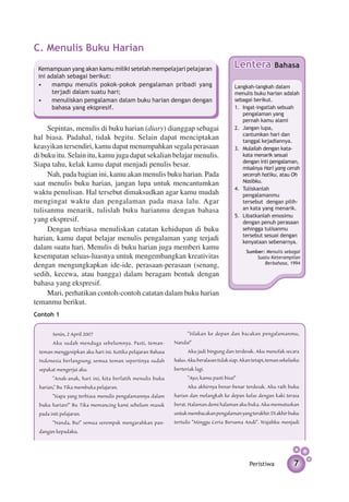 C. Menulis Buku Harian
 Kemampuan yang akan kamu miliki setelah mempelajari pelajaran
                                                                                         Lentera            Bahasa
 ini adalah sebagai berikut:
 •	 mampu menulis pokok-pokok pengalaman pribadi yang                                    Langkah-langkah dalam
      terjadi dalam suatu hari;                                                          menulis buku harian adalah
 •	 menuliskan pengalaman dalam buku harian dengan dengan                                sebagai berikut.
      bahasa yang ekspresif.                                                             1. 	Ingat-ingatlah sebuah
                                                                                             pengalaman yang
                                                                                             pernah kamu alami
     Sepintas, menulis di buku harian (diary) dianggap sebagai                           2.	 Jangan lupa,
                                                                                             cantumkan hari dan
hal biasa. Padahal, tidak begitu. Selain dapat menciptakan                                   tanggal kejadi­ nnya.
                                                                                                             a
keasyikan tersendiri, kamu dapat menumpahkan segala perasaan                             3.	 Mulailah dengan kata-
di buku itu. Selain itu, kamu juga dapat sekalian belajar menulis.                           kata menarik sesuai
                                                                                             dengan inti pengalam­­­­­­
                                                                                                                   an,
Siapa tahu, kelak kamu dapat menjadi penulis besar.                                          misal­ ya Hari yang cerah
                                                                                                   n
     Nah, pada bagian ini, kamu akan menulis buku harian. Pada                               secerah hatiku, atau Oh
saat menulis buku harian, jangan lupa untuk mencantumkan                                     Nasibku.
                                                                                         4.	 Tuliskanlah
waktu penulisan. Hal tersebut dimaksudkan agar kamu mudah                                    pengalaman­ um
mengingat waktu dan pengalaman pada masa lalu. Agar                                          tersebut dengan pilih­
tulisanmu menarik, tulislah buku harianmu dengan bahasa                                      an kata yang me­ arik.
                                                                                                               n
                                                                                         5.	 Libatkanlah emosimu
yang ekspresif.                                                                              dengan penuh perasaan
     Dengan terbiasa menuliskan catatan kehidupan di buku                                    sehingga tulisanmu
                                                                                             ter­ ebut sesuai dengan
                                                                                                s
harian, kamu dapat belajar menulis pengalaman yang terjadi                                   ke­ yataan sebenarnya.
                                                                                               n
dalam suatu hari. Menulis di buku harian juga memberi kamu
                                                                                               Sumber: Menulis sebagai
kesempatan seluas-luasnya untuk mengem­ angkan kreativitas
                                             b                                                     Suatu Keterampilan
                                                                                                      Berbahasa, 1994
dengan mengungkapkan ide-ide, perasaan-perasaan (senang,
sedih, kecewa, atau bangga) dalam beragam bentuk dengan
bahasa yang ekspresif.
     Mari, perhatikan contoh-contoh catatan dalam buku harian
temanmu berikut.
Contoh 1


       Senin, 2 April 2007                                         "Silakan ke depan dan bacakan pengalaman­mu,
       Aku sudah menduga sebelumnya. Pasti, teman-          Nanda!"
 teman menggosipkan aku hari ini. Ketika pelajaran Bahasa          Aku jadi bingung dan terdesak. Aku menolak secara
 Indonesia berlangsung, semua teman seperti­nya sudah       halus. Aku beralasan tidak siap. Akan tetapi, teman sekelasku
 sepakat mengerjai aku.                                     berteriak lagi.
       "Anak-anak, hari ini, kita berlatih menulis buku            "Ayo, kamu pasti bisa!"
 harian," Bu Tika membuka pelajaran.                               Aku akhirnya benar-benar terdesak. Aku raih buku
       "Siapa yang terbiasa menulis pengalaman­nya dalam    harian dan melangkah ke depan kelas dengan kaki terasa
 buku harian?" Bu Tika memancing kami sebelum masuk         berat. Halaman demi halaman aku buka. Aku memutuskan
 pada inti pelajaran.                                       untuk membacakan pengalaman yang terakhir. Di akhir buku
       "Nanda, Bu!" semua serempak mengarahkan pan­         tertulis "Minggu Ceria Bersama Andi". Wajahku menjadi
 dangan kepadaku.




                                                                                                Peristiwa             7
 