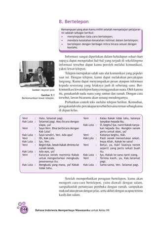 B. Bertelepon
                                 Kemampuan yang akan kamu miliki setelah mempelajari pelajaran
                                 ini adalah sebagai berikut:
                                 •	 menyimpulkan tata cara bertelepon;
                                 •	 mendata kesalahan-kesalahan kalimat dalam bertelepon;
                                 •	 bertelepon dengan berbagai mitra bicara sesuai dengan
                                      konteks.


                                      Informasi sangat diperlukan dalam kehidupan sehari-hari
                                supaya dapat mengetahui hal-hal yang terjadi di sekelilingmu
                                informasi tersebut dapat kamu peroleh melalui komunikasi,
                                yakni lewat telepon.
                                      Telepon merupakan salah satu alat komunikasi yang populer
                                saat ini. Dengan telepon, kamu dapat melakukan percakapan
                                langsung. Kamu dapat menyampaikan pesan ataupun informasi
                                kepada seseorang yang letaknya jauh di seberang sana. Ber­
        Sumber: Majalah Iptek   komunikasi lewat telepon hanya menggunakan suara. Oleh karena
                Gambar 9.1
                                itu, gunakanlah nada suara yang santun dan ramah. Dengan cara
Berkomunikasi lewat telepon.    tersebut, lawan bicaramu akan senang men­ engarnya.
                                                                           d
                                      Perhatikan contoh teks melalui telepon berikut. Kemudian,
                                peragakanlah teks percakapan tersebut bersama teman sebangkumu
                                di depan kelas.

Veni	     : 	 Halo. Selamat pagi.                  Veni 	    : 	 Kalau Kakak tidak tahu, kata­ ya
                                                                                                n
Kak Lola 	: 	 Selamat pagi. Mau bicara dengan                    tanyakan kepada ibu.
              siapa, ya?                           Kak Lola	 : 	 O, begitu? Iya, nanti Kakak tanya­
Veni 	    : 	 Saya Veni. Bisa berbicara dengan                   kan kepada ibu. Mungkin nenek
              Kak Lola?                                          perlu untuk obat, ya?
Kak Lola 	: 	 Saya sendiri, Ven. Ada apa?          Veni 	    : 	 Katanya begitu, Kak.
Veni 	    : 	 Oh, Kak Lola.                        Kak Lola	 : 	 Pasti nenek memerlukan sekali.
Kak Lola 	: 	 Iya, Ven.                                          Insya Allah, Kakak ke sana?
Veni 	    : 	 Begini Kak, besok Kakak di­­­­­
                                        minta ke   Veni 	    : 	 Betul, ya, Kak? Soalnya nenek
              rumah nenek.                                       seperti yang perlu sekali buah
Kak Lola 	: 	 Ada apa, ya?                                       itu.
Veni 	    : 	 Katanya nenek meminta Kakak          Kak Lola 	: 	 Iya, Kakak ke sana nanti siang.
              untuk mengantarkan mengkudu          Veni 	    : 	 Terima kasih, ya, Kak.Selamat
              pesanan­ ya itu.
                       n                                         pagi.
Kak Lola 	: 	 Mengkudu yang mana, ya? Kakak        Kak Lola	 : 	 Sama-sama, Ven. Selamat pagi.
              tidak tahu.


                                     Setelah memperhatikan peragaan bertelepon, kamu akan
                                mengerti cara-cara bertelepon, yaitu diawali dengan salam,
                                sampaikanlah pertanyaan pembuka dengan ramah, sampaikan
                                maksud atau pesan dengan jelas, serta akhiri dengan ucapan terima
                                kasih dan salam.



144        Bahasa Indonesia Memperkaya Wawasanku untuk Kelas VII
 