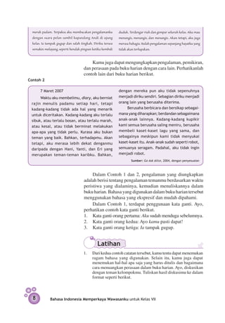 merah padam. Terpaksa aku membacakan pengalamanku         duduk. Terdengar riuh dan gempar seluruh kelas. Aku mau
  dengan suara pelan sambil kupandang Andi di ujung         menangis, menangis, dan menangis. Akan tetapi, aku juga
  kelas. Ia tampak gugup dan salah tingkah. Diriku terasa   merasa bahagia. Itulah pengalaman sepanjang hayatku yang
  semakin melayang, seperti hendak pingsan ketika kembali   tidak akan terlupakan.


                                         Kamu juga dapat mengungkapkan pengalaman, pemikiran,
                                     dan perasaan pada buku harian dengan cara lain. Perhatikanlah
                                     contoh lain dari buku harian berikut.
Contoh 2

 	     7 Maret 2007                                         dengan mereka pun aku tidak sepenuhnya
      Waktu aku membelimu, diary, aku berniat               menjadi diriku sendiri. Sebagian diriku menjadi
 rajin menulis padamu setiap hari, tetapi                   orang lain yang berusaha diterima.
 kadang-kadang tidak ada hal yang menarik                        Berusaha berbicara dan bersikap sebagai­
 untuk diceritakan. Kadang-kadang aku terlalu               mana yang diharapkan; berdandan sebagaimana
 sibuk, atau terlalu bosan, atau terlalu marah,             anak-anak lainnya. Kadang-kadang kupikir
 atau kesal, atau tidak berminat melakukan                  kami semua berusaha saling meniru, berusaha
 apa-apa yang tidak perlu. Kurasa aku bukan                 membeli kaset-kaset lagu yang sama, dan
 teman yang baik. Bahkan, terhadapmu. Akan                  sebagainya meskipun kami tidak menyukai
 tetapi, aku merasa lebih dekat denganmu                    kaset-kaset itu. Anak-anak sudah seperti robot,
 daripada dengan Hani, Yanti, dan Eri yang                  semuanya seragam. Padahal, aku tidak ingin
 merupakan teman-teman karibku. Bahkan,                     menjadi robot.
                                                                    Sumber: Go Ask Alice, 2004, dengan penyesuaian



                                          Dalam Contoh 1 dan 2, pengalaman yang diungkapkan
                                     adalah berisi tentang pengalaman temanmu berdasarkan waktu
                                     peristiwa yang dialaminya, kemudian menuliskannya dalam
                                     buku harian. Bahasa yang digunakan dalam buku harian tersebut
                                     menggunakan bahasa yang ekspresif dan mudah dipahami.
                                          Dalam Contoh 1, terdapat penggunaan kata ganti. Ayo,
                                     perhatikan contoh kata ganti berikut.
                                     1.	 Kata ganti orang pertama: Aku sudah menduga sebelumnya.
                                     2.	 Kata ganti orang kedua: Ayo kamu pasti dapat!
                                     3.	 Kata ganti orang ketiga: Ia tampak gugup.


                                              Latihan
                                     1.	 Dari kedua contoh catatan tersebut, kamu tentu dapat menemukan
                                         ragam bahasa yang digunakan. Selain itu, kamu juga dapat
                                         menemukan hal-hal apa saja yang harus ditulis dan bagaimana
                                         cara menuangkan perasaan dalam buku harian. Ayo, diskusikan
                                         dengan teman kelompok­ u. Tuliskan hasil diskusimu ke dalam
                                                                  m
                                         format seperti berikut.



  8           Bahasa Indonesia Memperkaya Wawasanku untuk Kelas VII
 