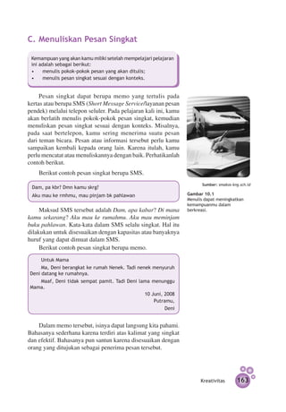 C.	Menuliskan Pesan Singkat

 Kemampuan yang akan kamu miliki setelah mempelajari pelajaran
 ini adalah sebagai berikut:
 •	 menulis pokok-pokok pesan yang akan ditulis;
 •	 menulis pesan singkat sesuai dengan konteks.


     Pesan singkat dapat berupa memo yang tertulis pada
kertas atau berupa SMS (Short Message Service/layanan pesan
pendek) melalui telepon seluler. Pada pelajaran kali ini, kamu
akan berlatih menulis pokok-pokok pesan singkat, kemudian
menuliskan pesan singkat sesuai dengan konteks. Misalnya,
pada saat bertelepon, kamu sering menerima suatu pesan
dari teman bicara. Pesan atau informasi tersebut perlu kamu
sampaikan kembali kepada orang lain. Karena itulah, kamu
perlu mencatat atau menuliskannya dengan baik. Perhatikanlah
contoh berikut.
    Berikut contoh pesan singkat berupa SMS.
                                                                       Sumber: smakos-kng.sch.id
 Dam, pa kbr? Dmn kamu skrg?
 Aku mau ke rmhmu, mau pinjam bk pahlawan                        Gambar 10.1
                                                                 Menulis dapat meningkatkan
                                                                 kemampuanmu dalam
     Maksud SMS tersebut adalah Dam, apa kabar? Di mana          berkreasi.
kamu sekarang? Aku mau ke rumahmu. Aku mau meminjam
buku pahlawan. Kata-kata dalam SMS selalu singkat. Hal itu
dilakukan untuk disesuaikan dengan kapasitas atau banyaknya
huruf yang dapat dimuat dalam SMS.
     Berikut contoh pesan singkat berupa memo.
     Untuk Mama
     Ma, Deni berangkat ke rumah Nenek. Tadi nenek menyuruh
Deni datang ke rumahnya.
   Maaf, Deni tidak sempat pamit. Tadi Deni lama menunggu
Mama.
   	   	    	    	                            10 Juni, 2008
   	   	    	    	    	                           Putramu,
   					                                               Deni


    Dalam memo tersebut, isinya dapat langsung kita pahami.
Bahasanya sederhana karena terdiri atas kalimat yang singkat
dan efektif. Bahasanya pun santun karena disesuaikan dengan
orang yang ditujukan sebagai penerima pesan tersebut.




                                                                       Kreativitas      163
 