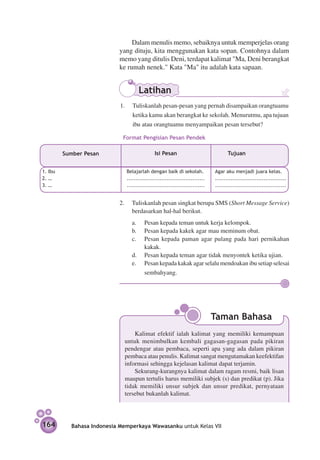 Dalam menulis memo, sebaiknya untuk memperjelas orang
                           yang dituju, kita menggunakan kata sopan. Contohnya dalam
                           memo yang ditulis Deni, terdapat kalimat "Ma, Deni berangkat
                           ke rumah nenek." Kata "Ma" itu adalah kata sapaan.


                                          Latihan
                            1.	 Tuliskanlah pesan-pesan yang pernah disampaikan orangtuamu
                                ketika kamu akan berangkat ke sekolah. Menurutmu, apa tujuan
                                ibu atau orangtuamu menyampaikan pesan tersebut?

                                Format Pengisian Pesan Pendek

         Sumber Pesan                            Isi Pesan                              Tujuan


1. Ibu                           Belajarlah dengan baik di sekolah.              Agar aku menjadi juara kelas.
2. …                             .............................................   .........................................
3. …                             .............................................   .........................................


                            2. 	 Tuliskanlah pesan singkat berupa SMS (Short Message Service)
                                 berdasarkan hal-hal berikut.
                            	       a.	 Pesan kepada teman untuk kerja kelompok.
                            	       b.	 Pesan kepada kakek agar mau meminum obat.
                            	       c.	 Pesan kepada paman agar pulang pada hari pernikahan
                                        kakak.
                            	       d.	 Pesan kepada teman agar tidak menyontek ketika ujian.
                            	       e.	 Pesan kepada kakak agar selalu mendoakan ibu setiap selesai
                                        sembahyang.




                                                                                 Taman Bahasa
                                	 Kalimat efektif ialah kalimat yang memiliki kemampuan
                                untuk menimbulkan kembali gagasan-gagasan pada pikiran
                                pendengar atau pembaca, seperti apa yang ada dalam pikiran
                                pembaca atau penulis. Kalimat sangat mengutamakan keefektifan
                                informasi sehingga kejelasan kalimat dapat terjamin.
                                	 Sekurang-kurangnya kalimat dalam ragam resmi, baik lisan
                                maupun tertulis harus memiliki subjek (s) dan predikat (p). Jika
                                tidak memiliki unsur subjek dan unsur predikat, pernyataan
                                tersebut bukanlah kalimat.




164        Bahasa Indonesia Memperkaya Wawasanku untuk Kelas VII
 
