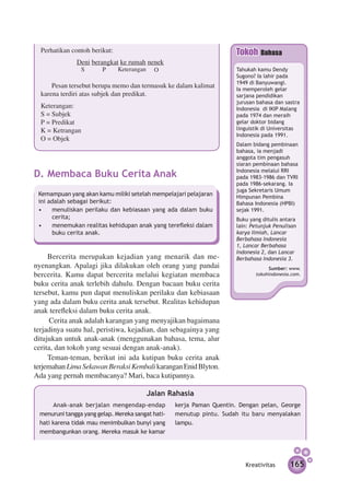 Perhatikan contoh berikut:                                          Tokoh Bahasa
              Deni berangkat ke rumah nenek
                  S     P      Keterangan                              Tahukah kamu Dendy
                                              O
                                                                       Sugono? Ia lahir pada
                                                                       1949 di Banyuwangi.
  	 Pesan tersebut berupa memo dan termasuk ke dalam kalimat           Ia memperoleh gelar
  karena terdiri atas subjek dan predikat.                             sarjana pendidikan
                                                                       jurusan bahasa dan sastra
  Keterangan:                                                          Indonesia di IKIP Malang
  S = Subjek                                                           pada 1974 dan meraih
  P = Predikat                                                         gelar doktor bidang
  K = Ketrangan                                                        linguistik di Universitas
                                                                       Indonesia pada 1991.
  O = Objek
                                                                       Dalam bidang pembinaan
                                                                       bahasa, ia menjadi
                                                                       anggota tim pengasuh
                                                                       siaran pem­ inaan bahasa
                                                                                  b

D.	Membaca Buku Cerita Anak                                            Indonesia melalui RRI
                                                                       pada 1983-1986 dan TVRI
                                                                       pada 1986-sekarang. Ia
                                                                       juga Sekretaris Umum
 Kemampuan yang akan kamu miliki setelah mempelajari pelajaran         Himpunan Pembina
 ini adalah sebagai berikut:                                           Bahasa Indonesia (HPBI)
 •	 menuliskan perilaku dan kebiasaan yang ada dalam buku              sejak 1991.
      cerita;                                                          Buku yang ditulis antara
 •	 menemukan realitas kehidupan anak yang terefleksi dalam            lain: Petunjuk Penulisan
      buku cerita anak.                                                karya Ilmiah, Lancar
                                                                       Berbahasa Indonesia
                                                                       1, Lancar Berbahasa
                                                                       Indonesia 2, dan Lancar
     Bercerita merupakan kejadian yang menarik dan me­                 Berbahasa Indonesia 3.
nyenang­ an. Apalagi jika dilakukan oleh orang yang pandai
         k                                                                         Sumber: www.
bercerita. Kamu dapat bercerita melalui kegiatan membaca                      tokohindonesia.com.

buku cerita anak terlebih dahulu. Dengan bacaan buku cerita
tersebut, kamu pun dapat menuliskan perilaku dan kebiasaan
yang ada dalam buku cerita anak tersebut. Realitas kehidupan
anak terefleksi dalam buku cerita anak.
      Cerita anak adalah karangan yang menyajikan bagaimana
terjadinya suatu hal, peristiwa, kejadian, dan sebagainya yang
ditujukan untuk anak-anak (menggunakan bahasa, tema, alur
cerita, dan tokoh yang sesuai dengan anak-anak).
     Teman-teman, berikut ini ada kutipan buku cerita anak
terjemahan Lima Sekawan Beraksi Kembali karangan Enid Blyton.
Ada yang pernah membacanya? Mari, baca kutipannya.

                                            Jalan Rahasia
       Anak-anak berjalan mengendap-endap          kerja Paman Quentin. Dengan pelan, George
 menuruni tangga yang gelap. Mereka sangat hati-   menutup pintu. Sudah itu baru menyalakan
 hati karena tidak mau menimbulkan bunyi yang      lampu.
 membangunkan orang. Mereka masuk ke kamar




                                                                          Kreativitas       165
 
