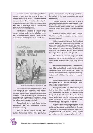 Keempat anak itu memandang ke­ elapan
                                       d             papan, mencari-cari tempat yang agak kasar.
papan pelapis yang terpasang di atas rak             Barangkali di situ ada pegas atau tuas yang
tempat pediangan. Betul, jumlahnya tepat             tersembunyi.
delapan buah! Empat barisan bawah, dan                    Tiba-tiba papan itu tergeser! Persis seperti
empat lagi di atasnya. Julian membentangkan          yang terjadi dalam serambi di Kirrin Farm! Anak-
kain linen ke atas meja, setelah itu anak-anak       anak menatap lubang gelap yang menganga
berkerumun mempelajarinya.                           di balik papan. Hati mereka ber­ ebar-debar
                                                                                         d
    "Tanda silang terdapat di tengah-tengah          keras.
papan kedua pada baris sebelah atas,"                     "Lubang itu terlalu sempit," kata George.
kata Julian setengah berbisik, "kucoba saja          "Jadi tak mungkin merupakan tempat masuk
menekannya. Kalian perhati­ an baik-baik!"
                           k                         ke Jalan Rahasia!"
                                                          Julian mengambil senter dari kantong
                                                     mantel kamarnya. Dimasukkannya senter itu
                                                     ke dalam  lubang, lalu dinyalakan. Seketika itu
                                                     juga ia menjerit karena gembira. Tetapi jeritan­
                                                     nya tidak terlalu keras. Karena kalau sampai
                                                     terdengar Paman Quentin wah, gawat!
                                                          "Di dalam ada semacam pegangan. Pada
                                                     pegangan itu terikat seutas kawat. Aku akan
                                                     menariknya! Kita lihat saja, apa yang terjadi
                                                     nanti."
                                                          Julian menarik pegangan itu, tetapi tenaga­
                                                     nya tidak cukup kuat untuk meng­ erakkan
                                                                                           g
                                                     pegangan yang kelihatannya tertancap ke
                                                     dinding. Dick memasukkan tangannya ke lubang.
                                                     Kedua anak laki-laki itu menarik bersama-
                                                     sama.
                                                           "Julian! Lantai di bawah permadani bergerak!"
                                                     katanya ketakutan. "Aku merasakannya. Cepat,
           Sumber: Sampul depan Lima Sekawan, 1985
                                                     lihat ke bawah permadani!"

     Julian menghampiri pediangan. Yang                   Pegangan itu tidak bisa ditarik lebih jauh
lain mengikuti dari belakang. Hati mereka            lagi ke luar, Julian dan Dick melepas­ annya,
                                                                                            k
berdebar-debar. Papan sebelah atas agak tinggi       lalu memandang ke lantai. Ada sesuatu yang
letaknya. Julian agak berjingkat, lalu menekan       bergerak di bawah permadani, di sebelah
bagian tengah papan kedua keras-keras. Tetapi        kanan pediangan. Mereka melihatnya dengan
tak ada sesuatu pun yang terjadi.                    jelas. Permadani di situ tidak terhampar rata,
                                                     melainkan agak melengkung ke bawah.
     "Tekan lebih keras lagi! Pukul dengan
kepalan­ u," kata Dick mengajari. Ia sudah
        m                                                 "Rupanya ada ubin yang bergeser," kata
tidak sabaran lagi.                                  Julian dengan suara bergetar karena tegang.
                                                     "Pegangan ini menggerakkan sebuah pengungkit
     "Aku tak berani terlalu berisik," kata
                                                     yang tertambat pada kawat. Cepat, angkat
Julian. Tangannya meraba-raba permukaan
                                                     permadani itu, dan kita gulung karpetnya."




166       Bahasa Indonesia Memperkaya Wawasanku untuk Kelas VII
 