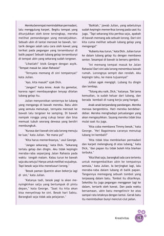 Mereka berempat memindahkan permadani,           "Baiklah," jawab Julian, yang se­ etulnya
                                                                                       b
lalu menggulung karpet. Begitu tempat yang       sudah kepingin memeriksa lorong pada saat itu
ditunjukkan oleh Anne tersingkap, mereka         juga. "Tapi sekarang kita periksa saja, apakah
melihat pemandangan yang menakjubkan.            di bawah memang ada sebuah lorong. Dari sini
Sebuah ubin di lantai merosot ke bawah, ter­     kita cuma melihat sebuah lubang gelap yang
tarik dengan salah satu cara oleh kawat yang     menganga!"
terikat pada pegangan yang tersembunyi di             "Kubantu kau turun," kata Dick. Julian turun
balik papan! Sebuah lubang gelap tersembunyi     ke dalam lubang gelap itu dengan membawa
di tempat ubin yang sekarang sudah tergeser.     senter. Sesampai di bawah ia berseru gembira.
    "Lihatlah!" bisik Geogre dengan asyik.            "Ini memang tempat masuk ke Jalan
"Tempat masuk ke Jalan Rahasia!"                 Rahasia! Dari sini ada lorong menembus bawah
     "Ternyata memang di sini tempatnya!"        rumah. Lorongnya sempit dan rendah. Aku
kata Julian.                                     kepingin tahu, ke mana tujuannya!"
    "Ayo, kita masuk?" ajak Dick.                     Julian agak mengigil. Lubang itu dingin
     "Jangan!" kata Anne. Anak itu gemetar,      dan lembap.
karena ngeri membayangkan lenyap ditelan             "Tolong aku naik, Dick," katanya. Tak lama
lubang gelap itu.                                kemudian, ia sudah keluar dari lubang, dan
    Julian menyorotkan senternya ke lubang       berada kembali di ruang kerja yang hangat.
yang menganga di bawah mereka. Batu ubin             Anak-anak berpandang-pandangan. Mereka
yang semula menutupi, ternyata merosot ke        merasa bergembira. Hati mereka berdebar-
bawah lalu tergeser ke samping. Di bawah         debar. Mereka menghadapi petualangan yang
nampak rongga yang cukup besar dan bisa          akan mengasyikkan. Sayang mereka tidak bisa
memuat tubuh seorang dewasa yang berdiri         mulai saat itu juga.
membungkuk.                                           "Kita coba membawa Timmy besok," kata
     "Kurasa dari bawah sini ada lorong menuju   George. "He! Bagaimana caranya menutup
ke luar," kata Julian. "Ke mana ya?"             lubang ini kembali?"
    "Kita harus memeriksanya," usul George.           "Kita tidak bisa membiarkan permadani
     "Jangan sekarang," kata Dick. "Sekarang     dan karpet melengkung di atas lubang," kata
terlalu gelap dan dingin. Aku tidak kepingin     Dick, "dan papan itu tidak boleh kita biarkan
meraba-raba sepanjang Jalan Rahasia pada         terbuka."
waktu tengah malam. Kalau turun ke bawah              "Kita lihat saja, barangkali ada cara tertentu
saja aku setuju! Hanya untuk melihat wujudnya.   untuk mengembalikan ubin ke tempatnya
Tapi besok saja kita menelusuri lorong."         semula," kata Julian. Ia berjingkat lagi, lalu
      "Besok paman Quentin akan bekerja lagi     meraba-raba dalam lubang di balik papan.
di  sini," kata Julian.                          Tangannya memegang sebuah tombol yang
                                                 terpasang dalam batu. Tombol itu ditariknya.
     "Katanya tadi, besok pagi ia akan me­
                                                 Seketika itu juga pegangan menggeser lagi ke
nyingkir­ an salju yang bertumpuk di pintu
        k
                                                 dalam, tertarik oleh kawat. Dan pada waktu
depan," kata George. "Saat itu kita akan
                                                 bersamaan, ubin batu mengelincir ke atas
bisa menyelinap ke sini. Besok hari Sabtu.
                                                 sampai rata letaknya dengan lantai. Gerak batu
Barangkali saja tidak ada pelajaran."
                                                 itu menimbulkan bunyi menciut-ciut pelan.




                                                                             Kreativitas       167
 