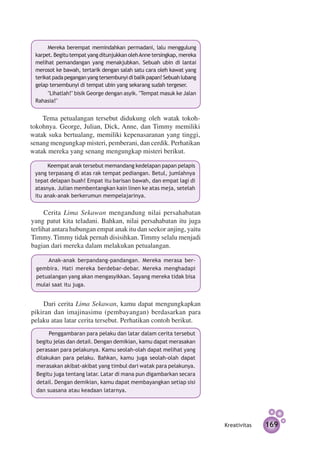 Mereka berempat memindahkan permadani, lalu meng­ ulung g
 karpet. Begitu tempat yang ditunjukkan oleh Anne tersingkap, mereka
 melihat pemandangan yang menakjubkan. Sebuah ubin di lantai
 merosot ke bawah, tertarik dengan salah satu cara oleh kawat yang
 terikat pada pegangan yang tersembunyi di balik papan! Sebuah lubang
 gelap tersembunyi di tempat ubin yang sekarang sudah tergeser.
       "Lihatlah!" bisik George dengan asyik. "Tempat masuk ke Jalan
 Rahasia!"


    Tema petualangan tersebut didukung oleh watak tokoh-
tokohnya. George, Julian, Dick, Anne, dan Timmy memiliki
watak suka bertualang, memiliki kepenasaranan yang tinggi,
senang mengungkap misteri, pemberani, dan cerdik. Perhatikan
watak mereka yang senang mengungkap misteri berikut.

      Keempat anak tersebut memandang kedelapan papan pelapis
 yang terpasang di atas rak tempat pediangan. Betul, jumlahnya
 tepat delapan buah! Empat itu barisan bawah, dan empat lagi di
 atasnya. Julian membentangkan kain linen ke atas meja, setelah
 itu anak-anak berkerumun mempelajarinya.


     Cerita Lima Sekawan mengandung nilai persahabatan
yang patut kita teladani. Bahkan, nilai persahabatan itu juga
terlihat antara hubungan empat anak itu dan seekor anjing, yaitu
Timmy. Timmy tidak pernah disisihkan. Timmy selalu menjadi
bagian dari mereka dalam melakukan petualangan.

      Anak-anak berpandang-pandangan. Mereka merasa ber­
  gembira. Hati mereka berdebar-debar. Mereka menghadapi
  petualangan yang akan mengasyikkan. Sayang mereka tidak bisa
  mulai saat itu juga.


     Dari cerita Lima Sekawan, kamu dapat mengungkapkan
pikiran dan imajinasimu (pembayangan) berdasarkan para
pelaku atau latar cerita tersebut. Perhatikan contoh berikut.
       Penggambaran para pelaku dan latar dalam cerita tersebut
  begitu jelas dan detail. Dengan demikian, kamu dapat merasakan
  perasaan para pelakunya. Kamu seolah-olah dapat melihat yang
  dilakukan para pelaku. Bahkan, kamu juga seolah-olah dapat
  merasakan akibat-akibat yang timbul dari watak para pelakunya.
  Begitu juga tentang latar. Latar di mana pun digambarkan secara
  detail. Dengan demikian, kamu dapat membayangkan setiap sisi
  dan suasana atau keadaan latarnya.




                                                                        Kreativitas   169
 